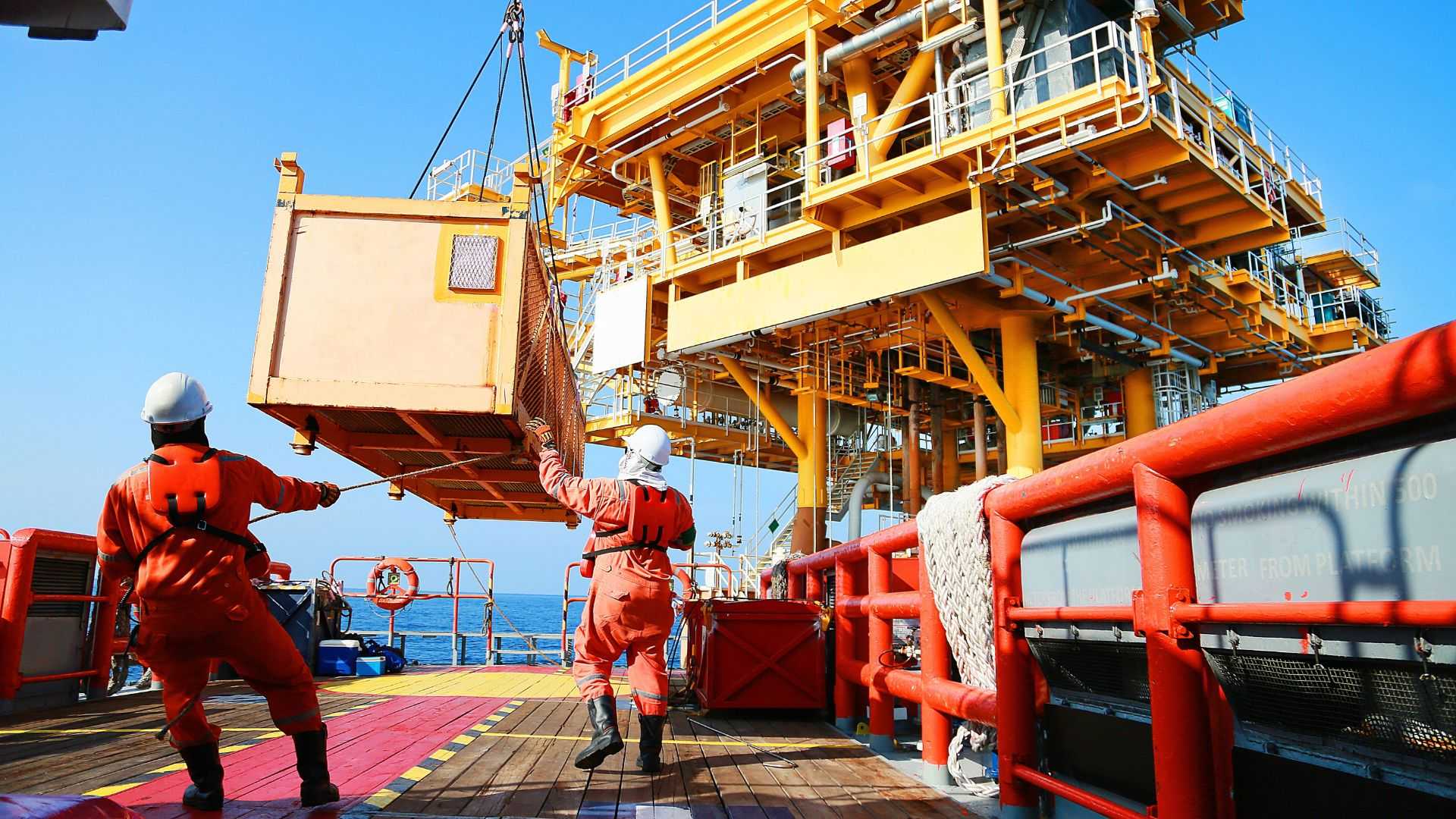 Crews boat moving the passenger and cargo from the platform to supply boat in oil and gas industry. Support offshore oil and gas industry by boat and service team